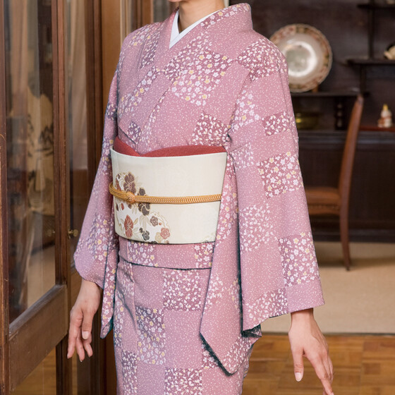 本手染め単衣着物花市松・ピンクサムネイル
