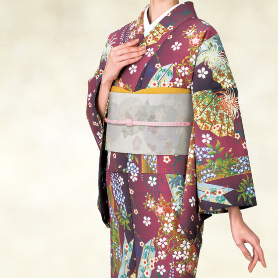 単衣着物　扇矢絣四季花小紋・赤茶サムネイル